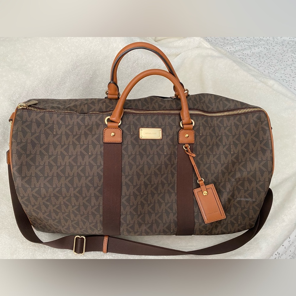 Michael Kors Brown MK Monogram Duffel with Tan Leather Trim